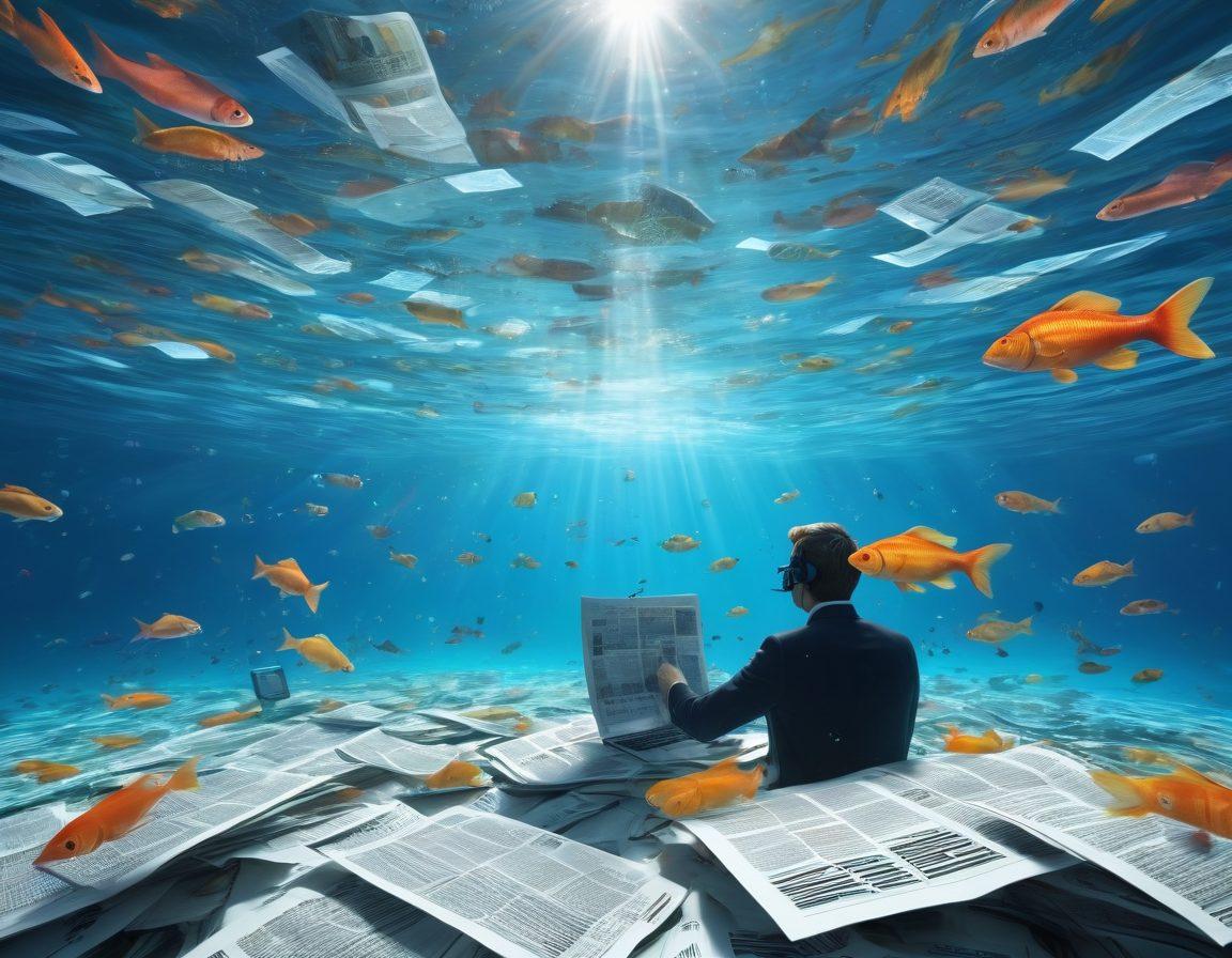 An underwater scene depicting a diverse group of news reporters submerged in an ocean of headlines and articles, surrounded by colorful fish shaped like newspapers and digital screens displaying live news feeds. Sunlight filters through the water, highlighting the vibrant stories that influence society. super-realistic. vibrant colors. 3D.