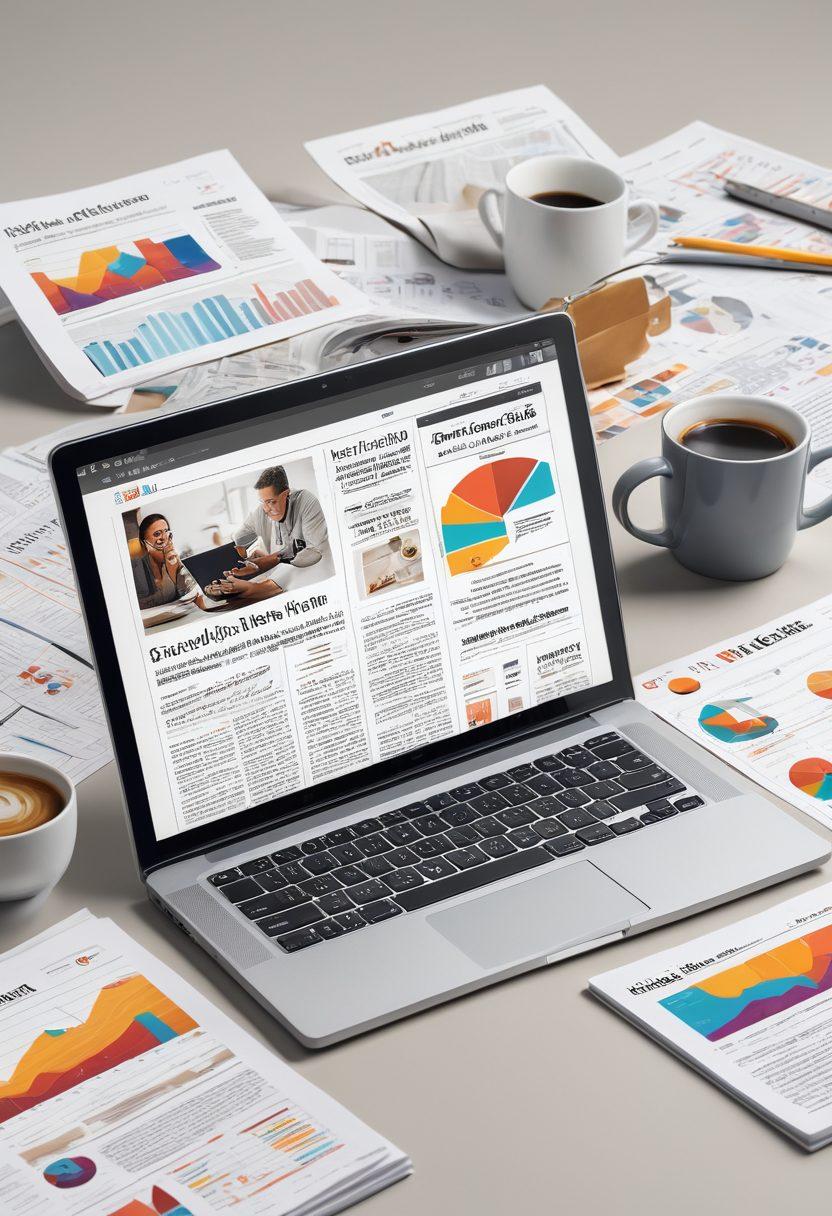 A collage of diverse news articles showcasing breaking news, technology updates, and world events, interspersed with visually engaging graphics like graphs and stock market trends. Include an open laptop displaying a news website, surrounded by coffee cups and a notepad for a cozy, intellectual vibe. Super-realistic. Vibrant colors. Light gray background.