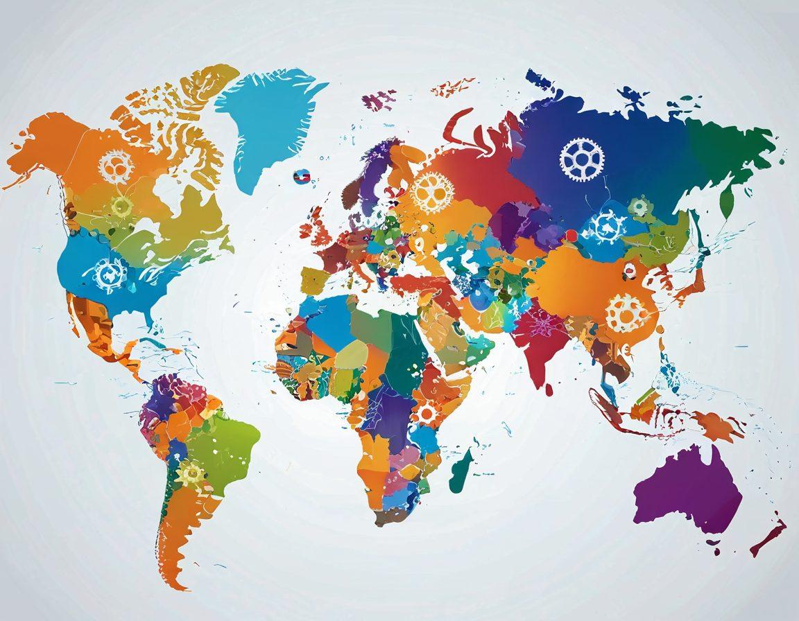 A world map showcasing interconnected gears symbolizing global affairs, with local landmarks fading into the background. Include diverse people engaging with technology, news articles, and social media icons. Vibrant colors representing unity and diversity. super-realistic. vibrant colors. white background.